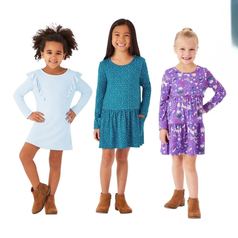 Girls' Long Sleeve Dress Set - Blue, Teal, and Purple